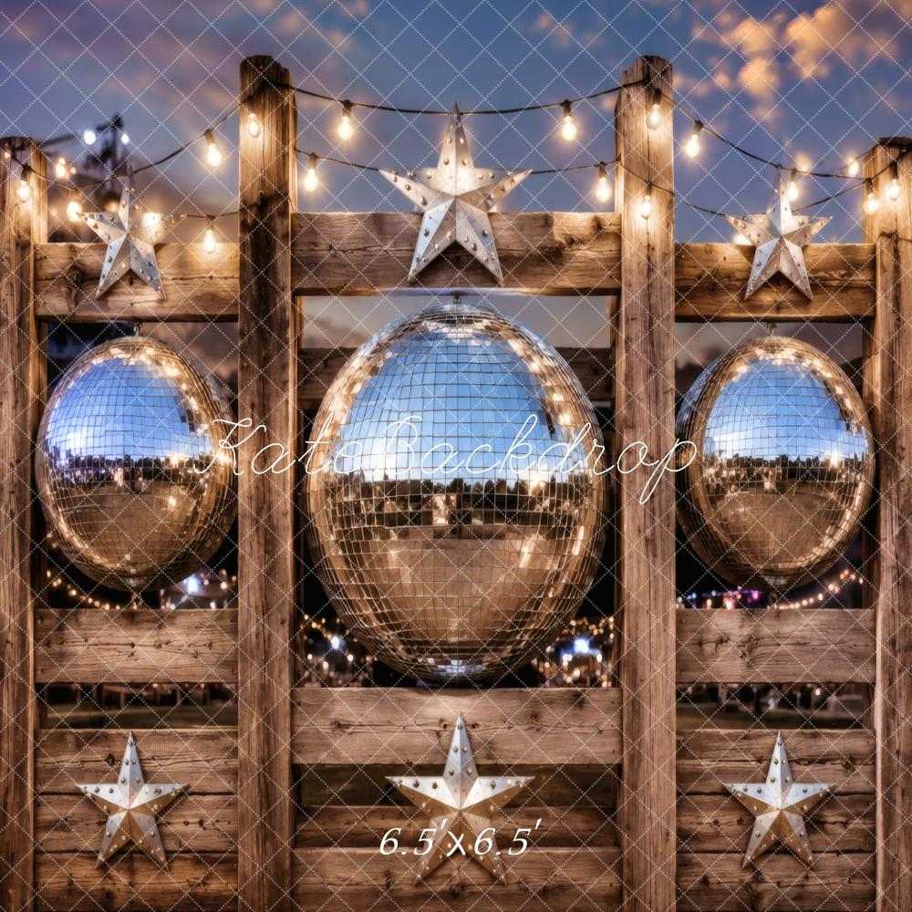 Kate Disco Balls Wooden Fence Stars String Lights Printed Backdrop Designed by Vertigo Productions