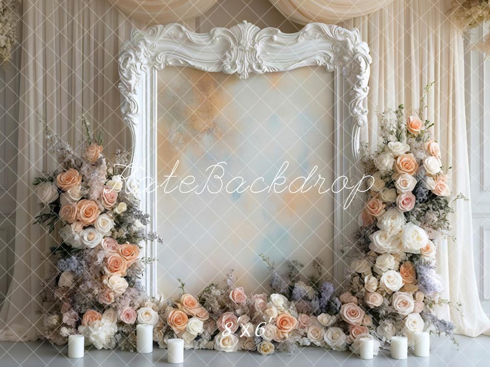 Kate Spring Flower Arch White Ornate Frame Cream Roses Candles Backdrop Designed by Mini MakeBelieve