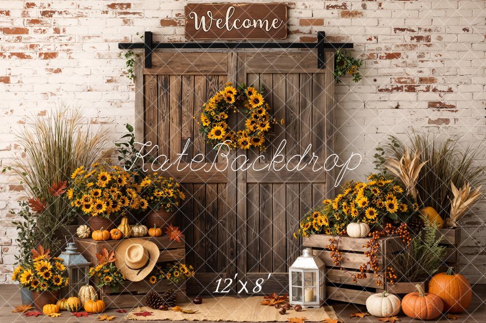 Kate Fall Sunflower Pumpkin Barn Door Rustic Printed Backdrop Designed by Emetselch