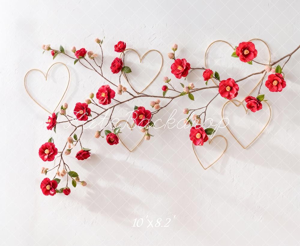 Kate Valentine's Day Red Flower Branch Gold Hearts Printed Backdrop Designed by Angela Miller