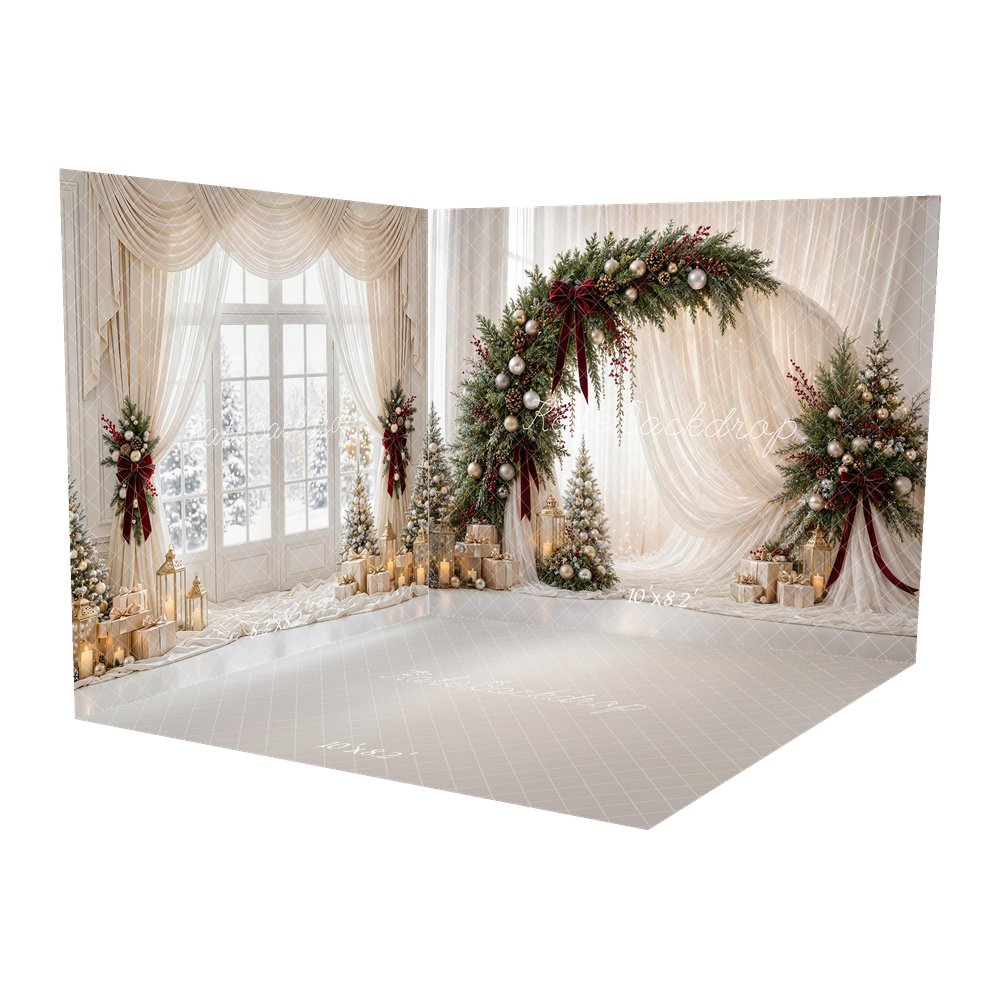 Kate Christmas Circle Flower Arch White Drapes Gold Ornaments Gifts Printed Backdrop Room Set