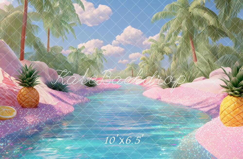 Kate Summer Tropical Pink Glitter Beach Pineapple Palm Trees Printed Backdrop Designed by Angela Miller