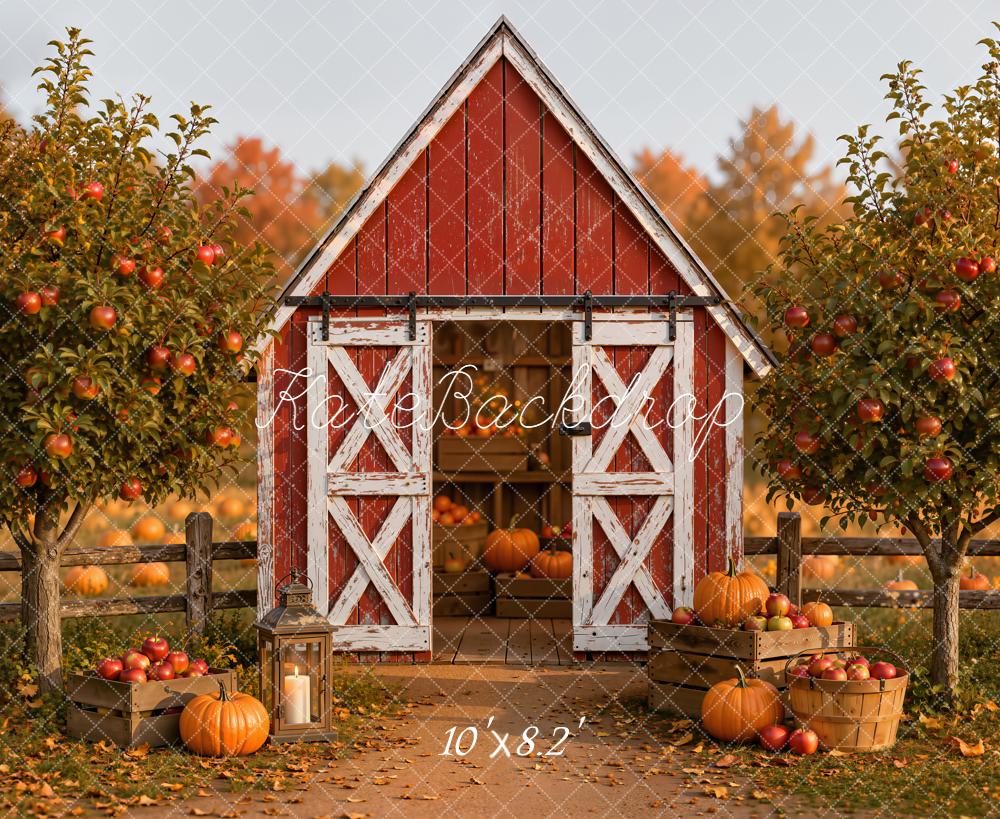 Kate Fall Red Barn Pumpkins Apple Orchard Printed Backdrop Designed by Emetselch