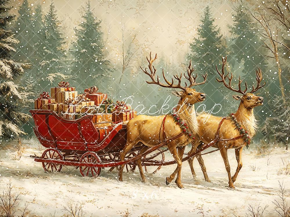 Kate Christmas Reindeer Sleigh Forest Snowy Backdrop Designed by Emetselch