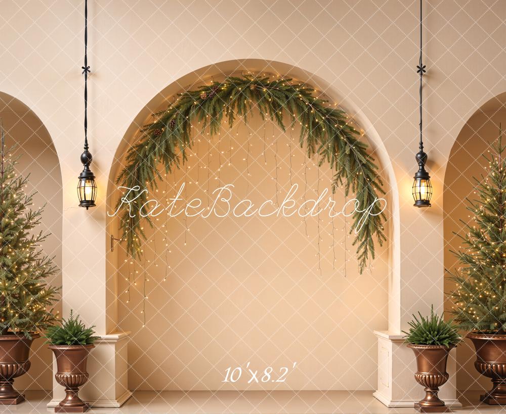 Lightning Deal Kate Christmas Arched Wall Minimalist Greenery Trees Lanterns Printed Backdrop Designed by Emetselch