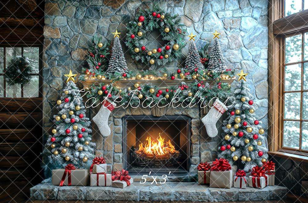 Kate Christmas Tree Stone Fireplace Wreath Winter Backdrop Designed by Mini MakeBelieve