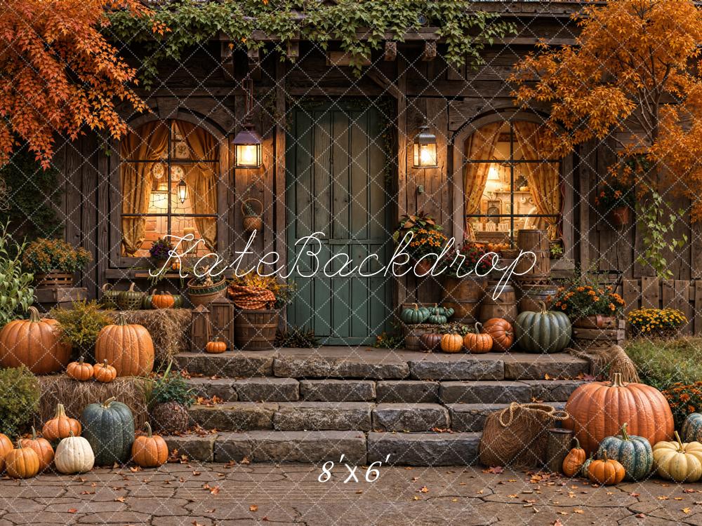 Kate Fall Pumpkins Rustic Porch Maple Trees Printed Backdrop Designed