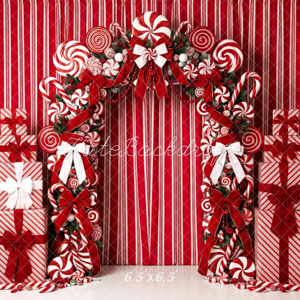 Kate Christmas Candy Cane Arch Gift Red Striped Printed Backdrop Designed by Patty Roberts
