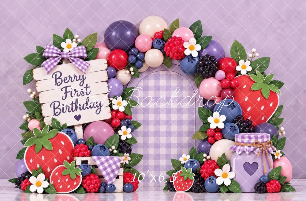 Kate First Birthday Berry Lavender Gingham Arch Printed Backdrop Designed by Laura Bybee