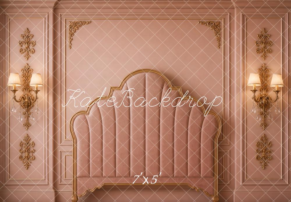 Kate Headboard Luxury Pink Ornate Wall Sconces Printed Backdrop Designed by Vertigo Productions