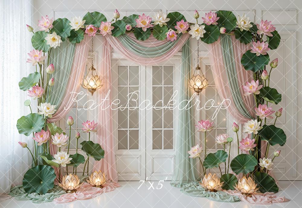Kate Summer Lotus Flower Arch Pastel Drapes Printed Backdrop Designed by Emetselch