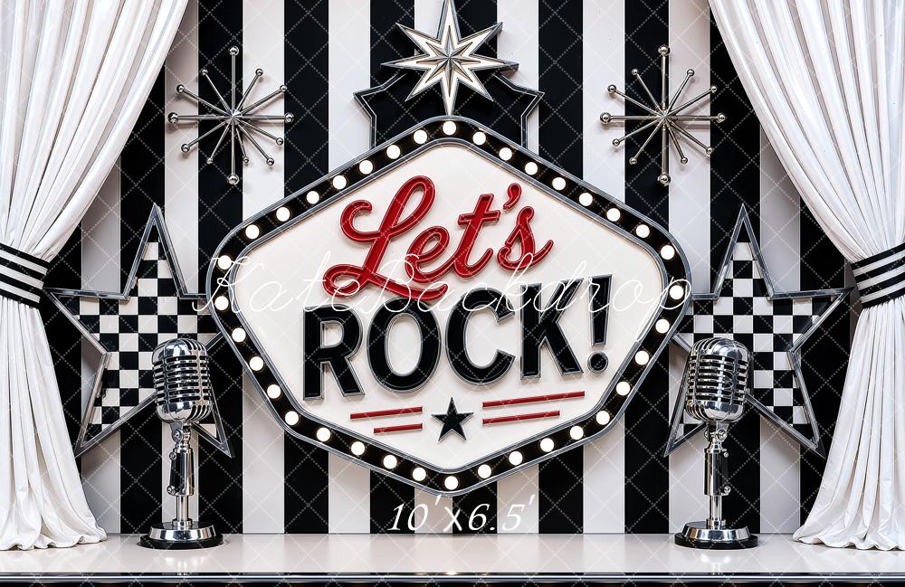 Kate Retro Rock Stage Microphone Star Printed Black And White Striped Backdrop Printed Backdrop Designed by Ashley Ward