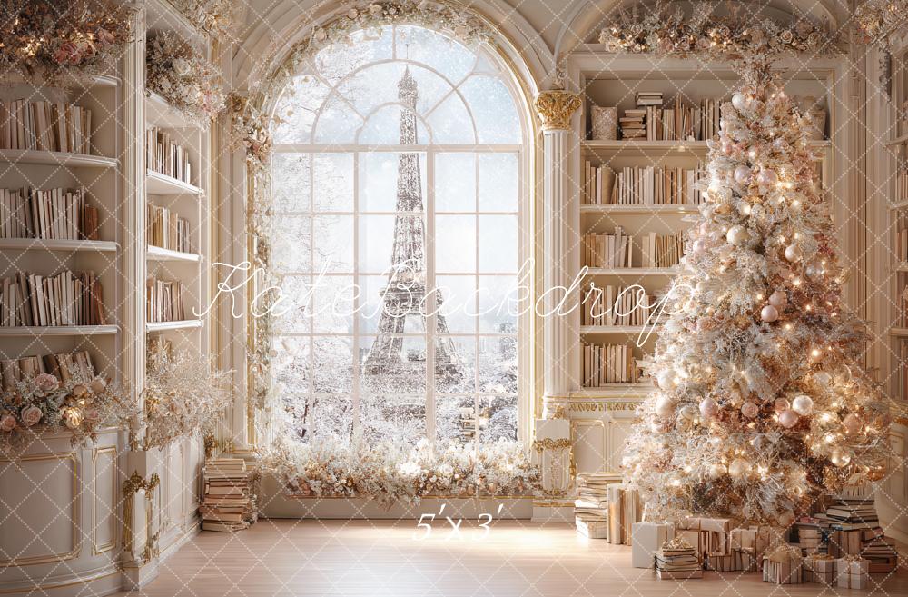 Kate Christmas Bookcase Arch Window Tree Eiffel Tower Backdrop Designed by Ashley Paul