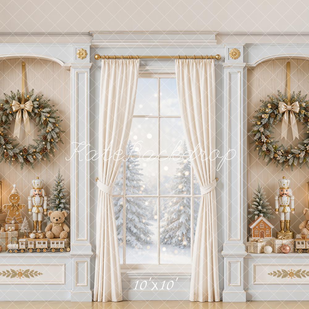 Kate Christmas White Curtains Window Wreath Nutcracker Gingerbread Printed Backdrop Designed by Emetselch