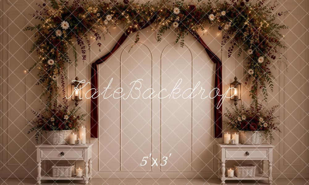 Kate Valentine's Day Headboard Flower Arch Brambles Lanterns Burgundy Cream Printed Backdrop Designed by Ashley Ward