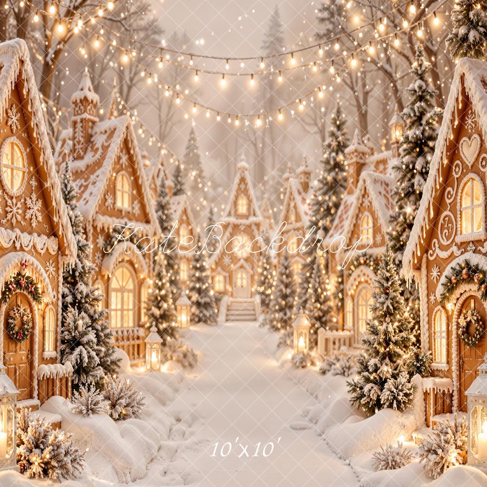 Kate Christmas Gingerbread Village Snowy Trees String Lights Printed Backdrop Designed by Emetselch