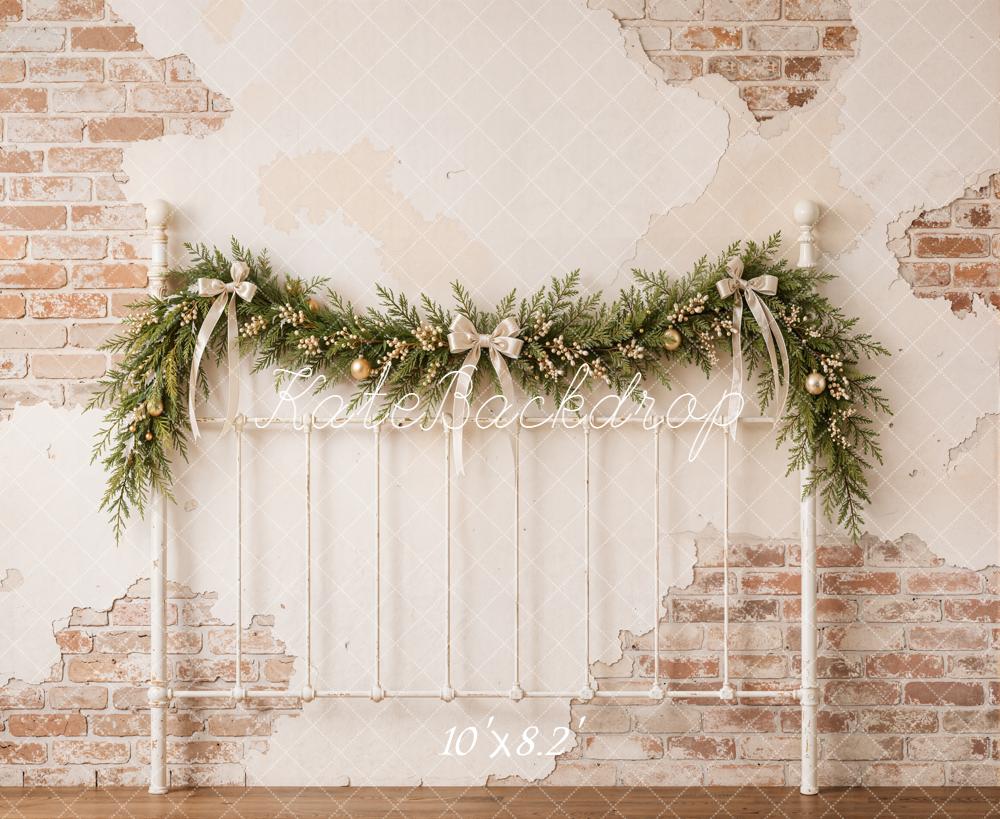 Kate Christmas Vintage Brick Wall Garland Headboard Printed Backdrop Designed by Emetselch