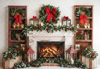 Kate Christmas Fireplace Wreath Wooden Shelves Printed Backdrop Designed by Emetselch