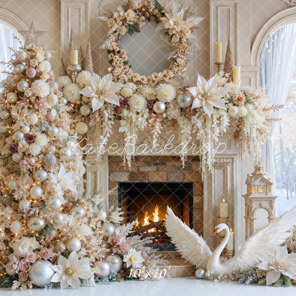 Kate Christmas Tree Fireplace Floral Swan Poinsettia Gold Printed Backdrop Designed by Mini MakeBelieve