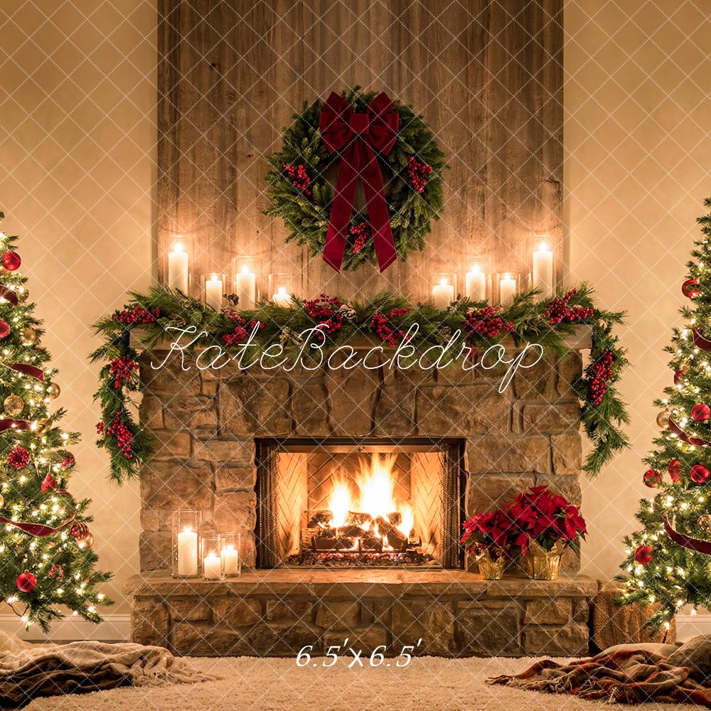 Kate Christmas Tree Stone Fireplace Garland Red Bow Printed Backdrop Designed by Happy Squirrel Design