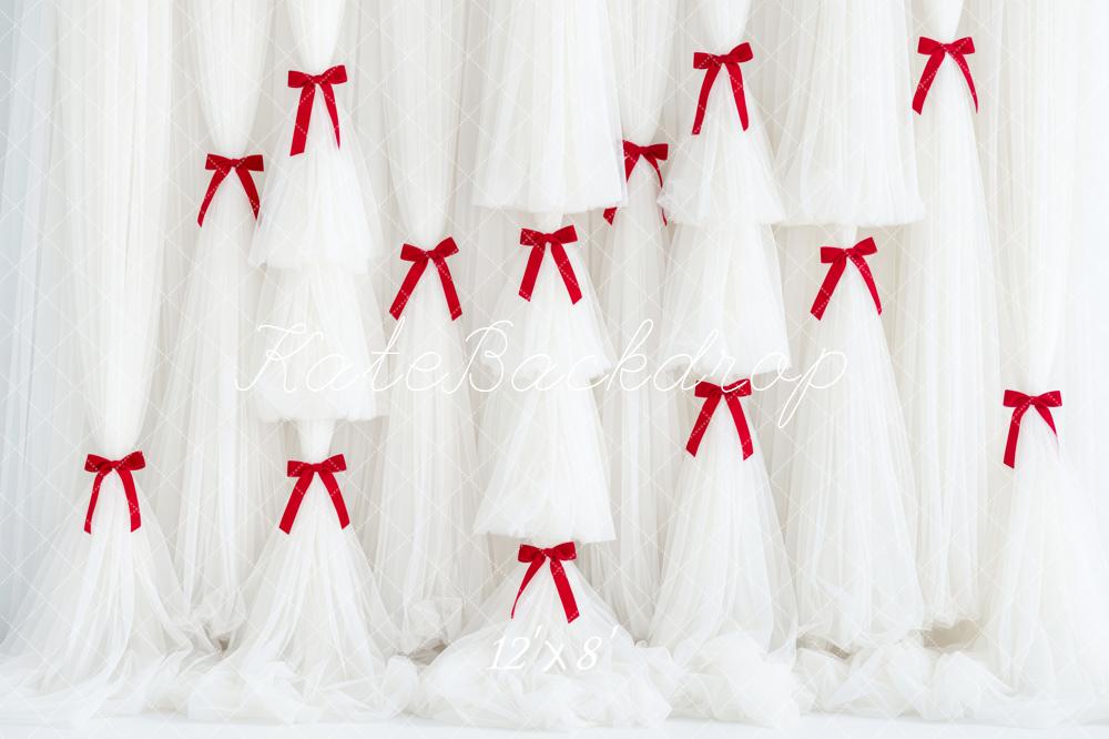 Kate White Tulle Curtains with Red Bows Backdrop Designed by Patty Roberts