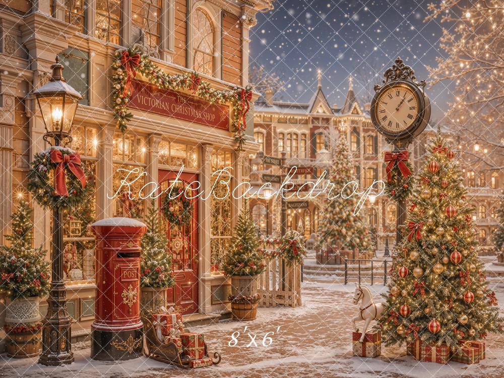 Kate Christmas Victorian Street Clock Lamp Post Christmas Tree Gifts Printed Backdrop Designed by Emetselch