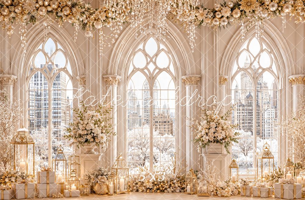 Kate Christmas Luxury White Floral Arched Windows Winter Cityscape Printed Backdrop Designed by Emetselch