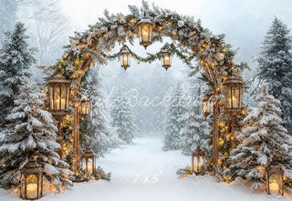 Kate Christmas Winter Pine Arch Lantern Snowy Forest Printed Backdrop Designed by Emetselch