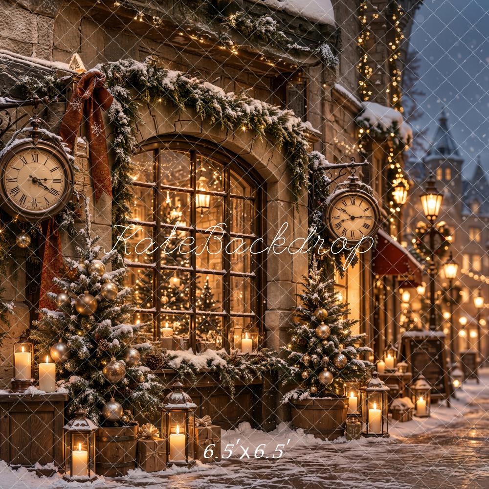 Kate Christmas Snowy Village Street Vintage Clock Printed Backdrop Designed by Emetselch
