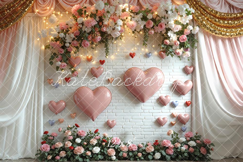 Kate Heart Balloons Pink Roses White Brick Wall Backdrop Designed by Mini MakeBelieve