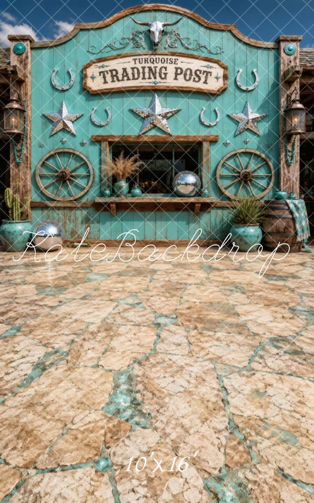 Kate Sweep Turquoise Western Trading Post Wagon Wheel Stone Floor Printed Backdrop Designed by Vertigo Productions