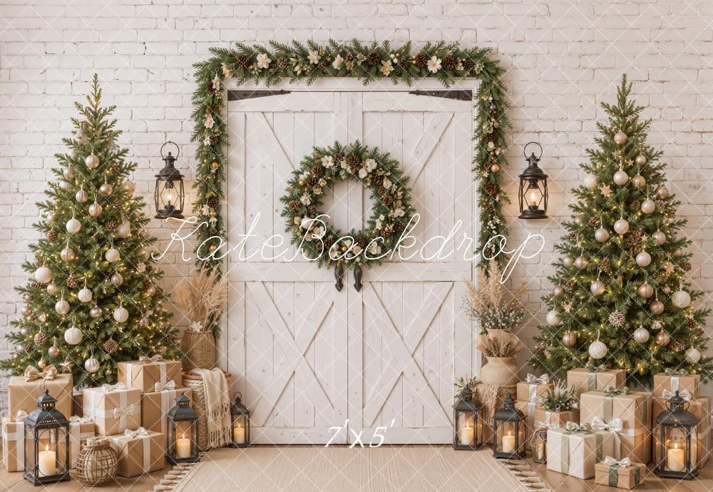 Kate Christmas Barn Door Garland Wreath Christmas Trees Printed Backdrop Designed by Emetselch