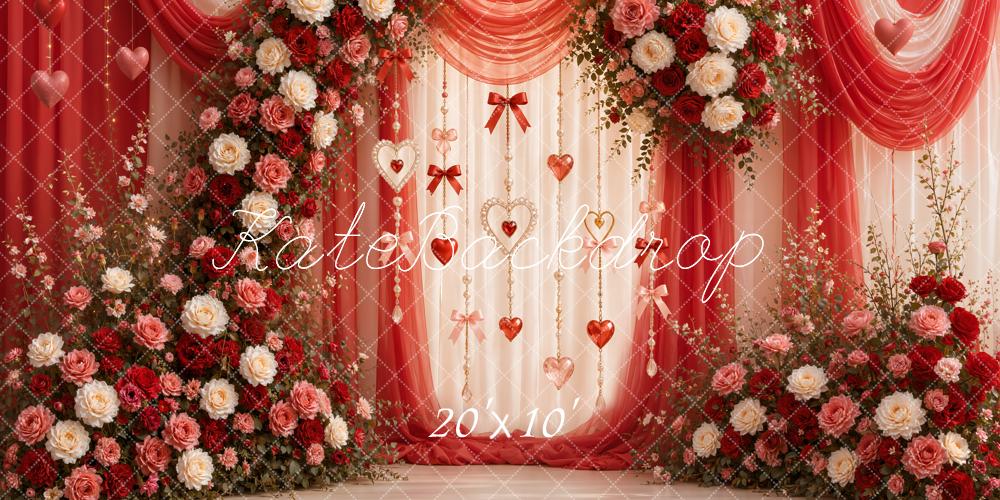 Kate Valentine's Day Floral Red Drapes Arch Hearts Garland Printed Backdrop Designed by Emetselch