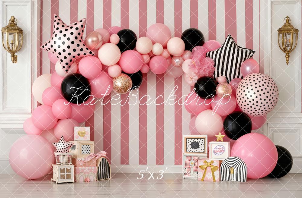 TEST Kate Cake Smash Pink Balloon Arch Striped Wall Backdrop Designed by Emetselch