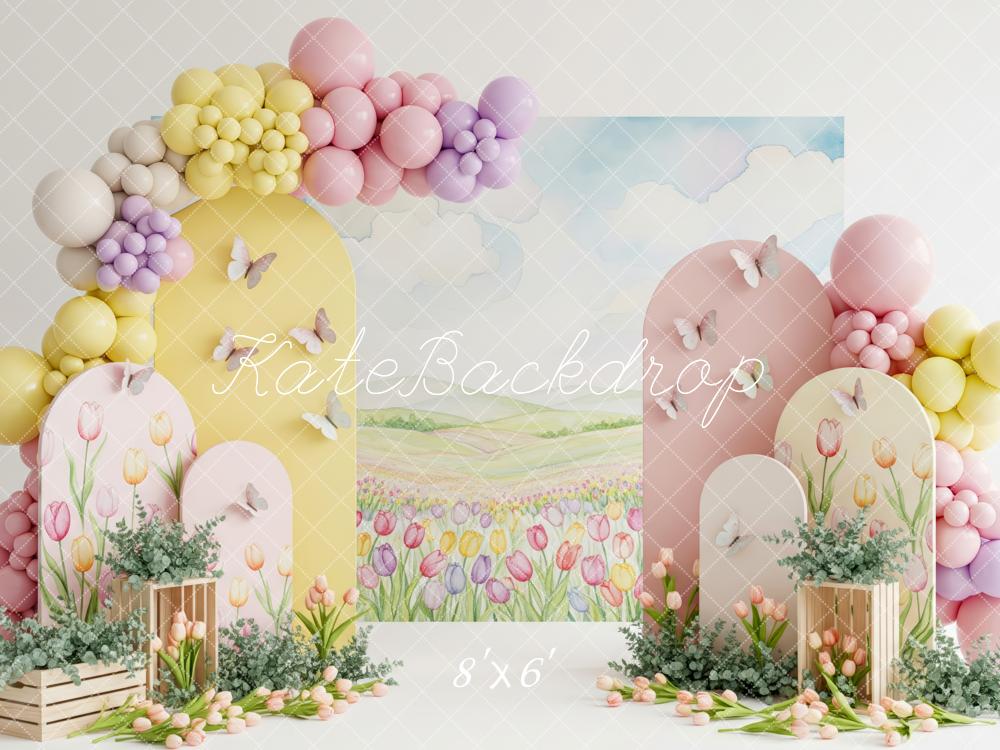Kate Spring Pastel Balloon Arch Tulips Field Butterflies Backdrop Designed by Patty Roberts