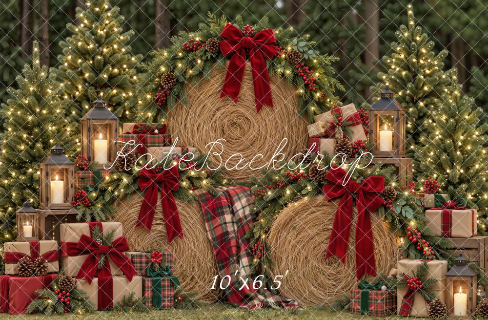 Kate Christmas Hay Bale Wreaths Red Bow Tartan Gifts Trees Printed Backdrop Designed by Emetselch