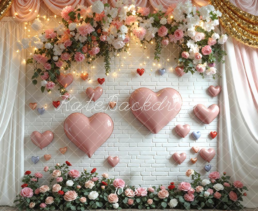 Kate Heart Balloons Pink Roses White Brick Wall Backdrop Designed by Mini MakeBelieve