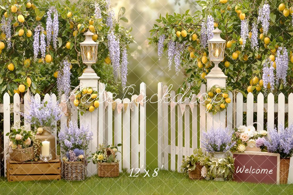 TEST Kate Spring Lemon Tree White Picket Fence Lantern Flowers Backdrop Designed by Emetselch