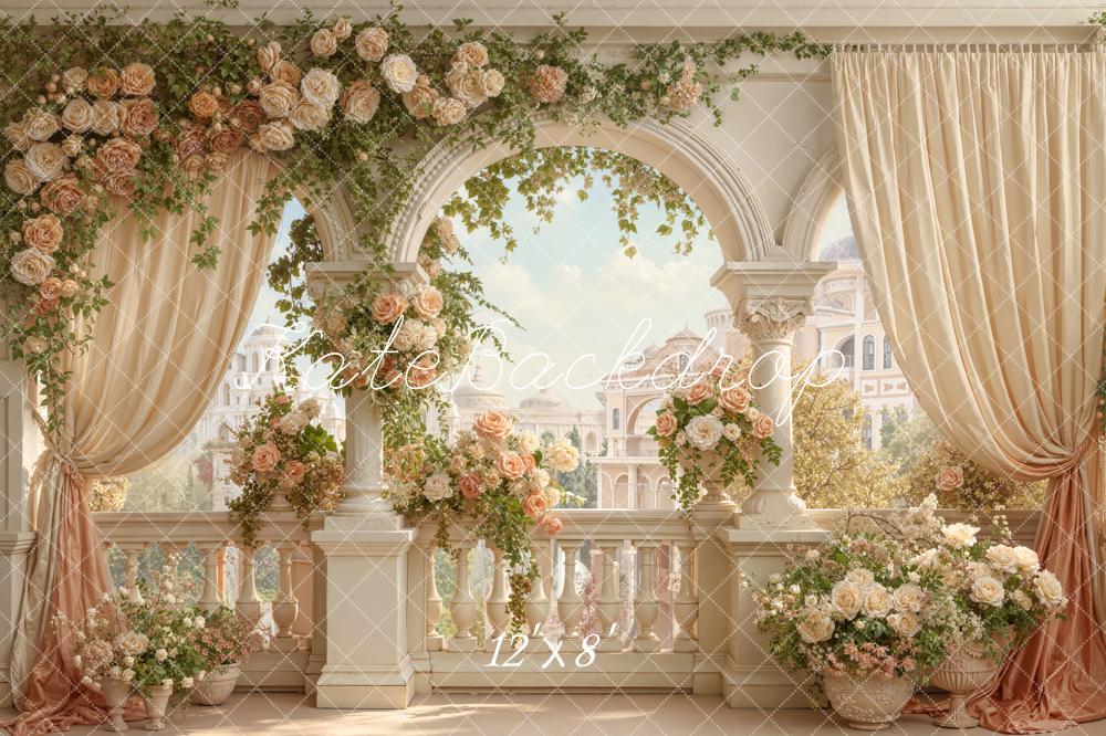 Kate Spring Flower Arch Cream Balcony Floral Drapes Printed Backdrop Designed by Emetselch