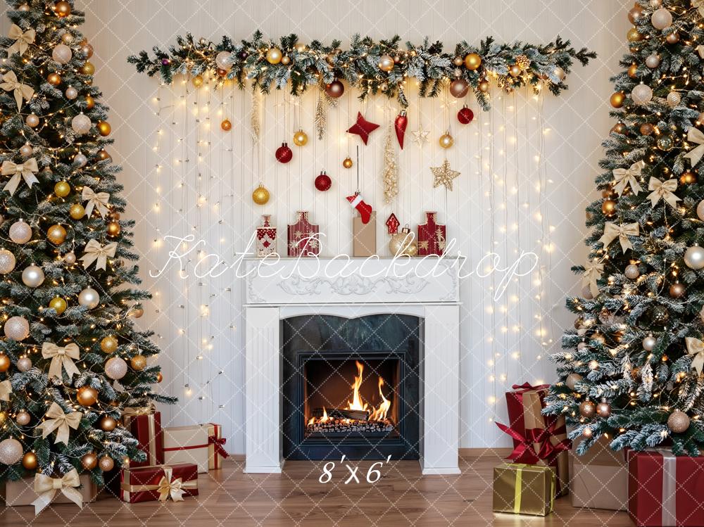 Kate Christmas Fireplace Garland Christmas Trees String Lights Printed Backdrop Designed by Fantasyphotoart