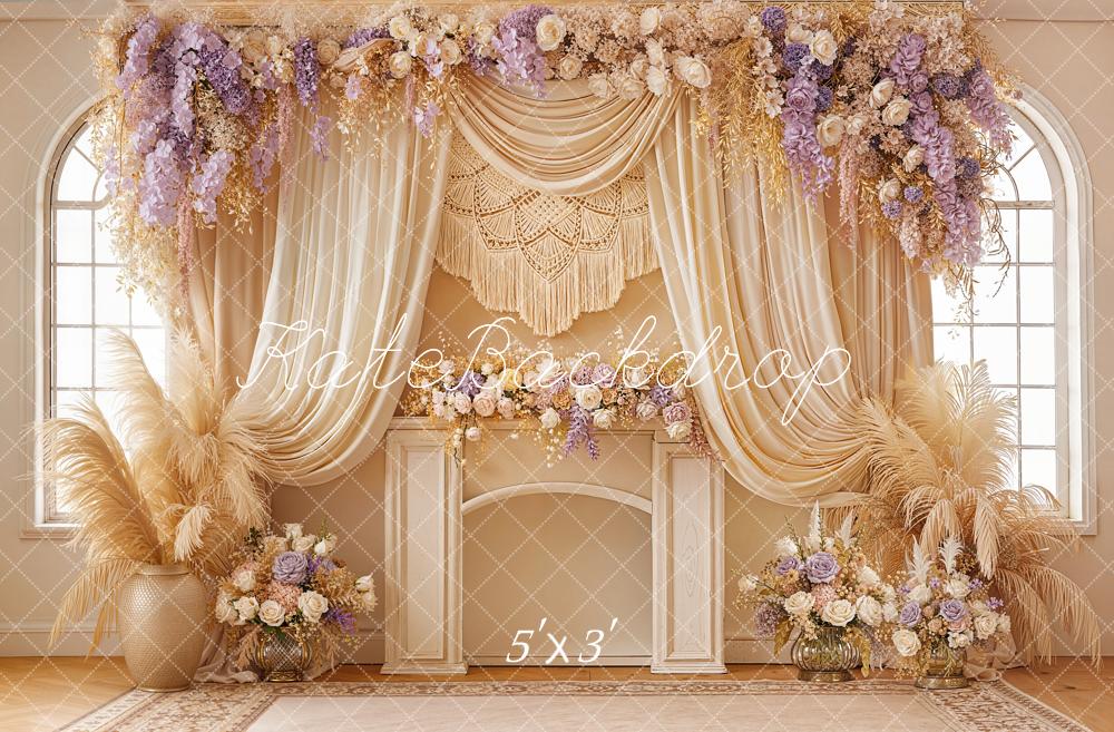 TEST Kate Boho Flower Arch Beige Purple Drapes Macrame Pampas Grass Backdrop Designed by Emetselch