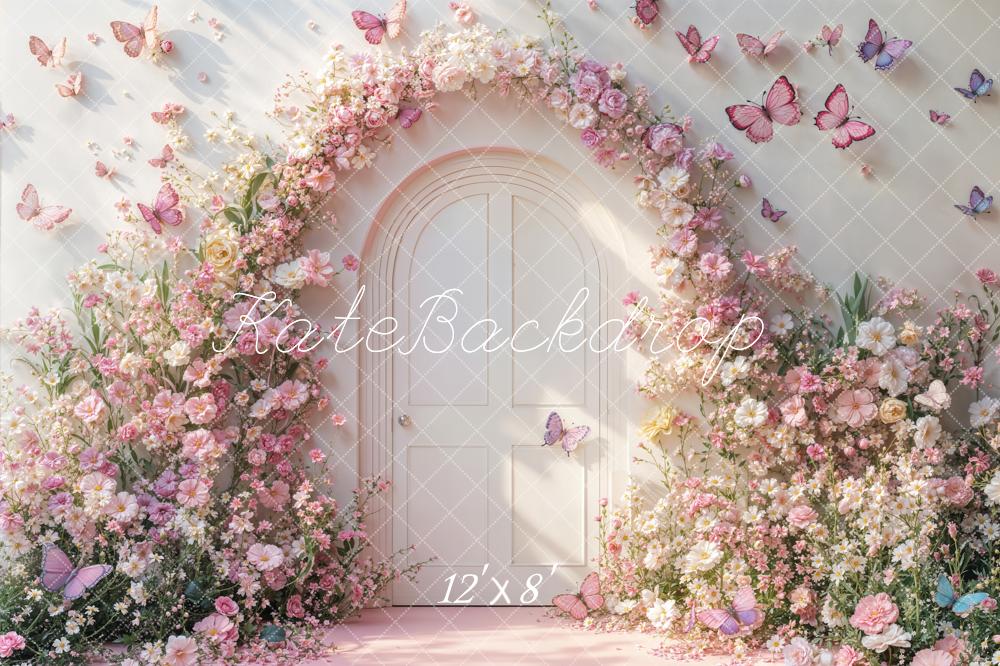 Kate Spring Flower Arch Pink Butterflies White Door Printed Backdrop Designed by Emetselch