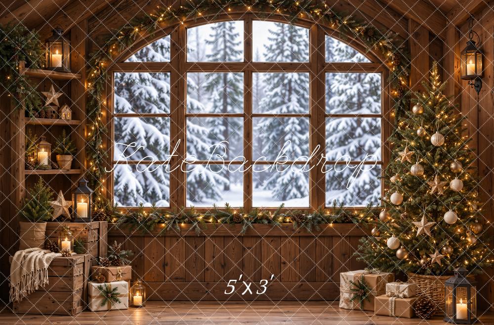 Kate Christmas Rustic Cabin Arched Window Christmas Tree Printed Backdrop Designed by Emetselch