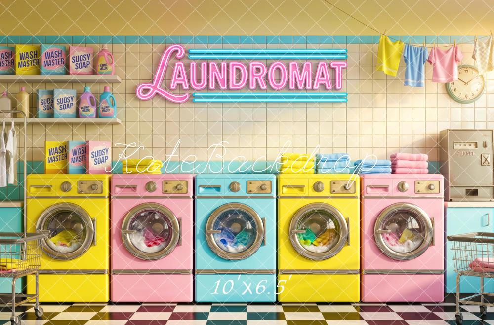 Kate Retro Pastel Laundromat Washing Machines Printed Backdrop Designed by Patty Roberts