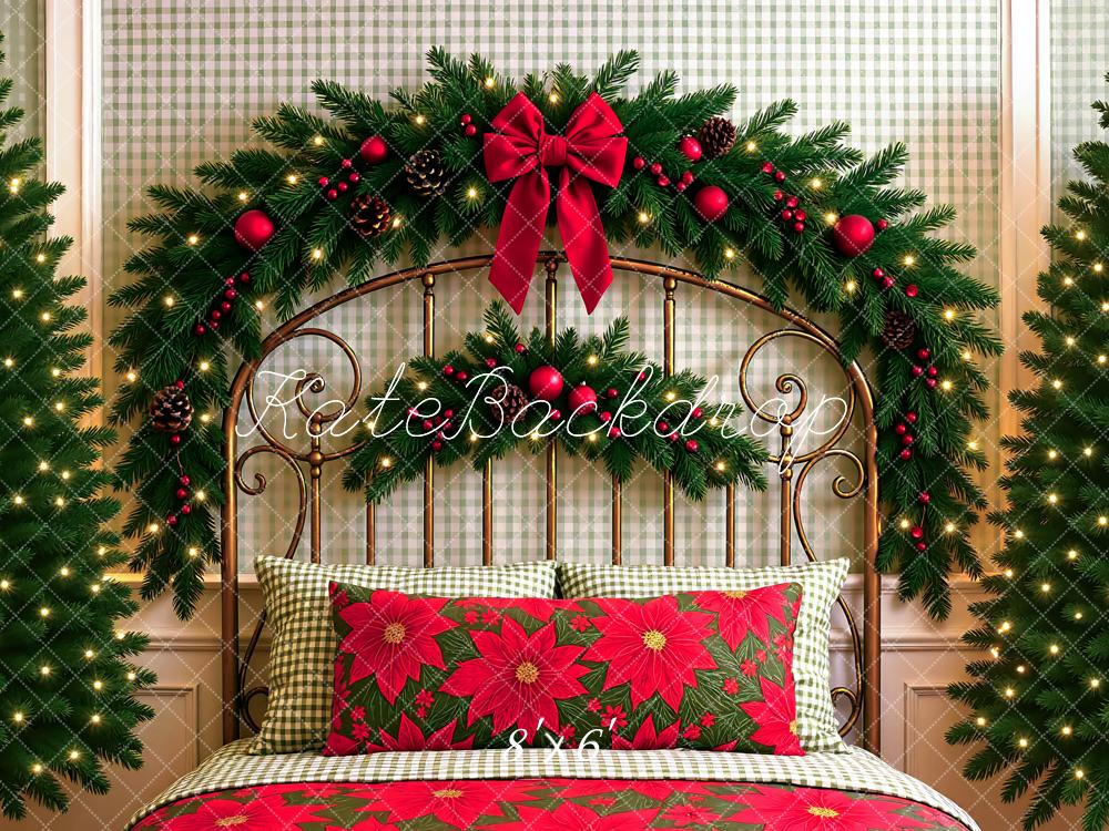 Kate Christmas Headboard Poinsettia Garland Trees Red Bow Backdrop Designed by Mini MakeBelieve