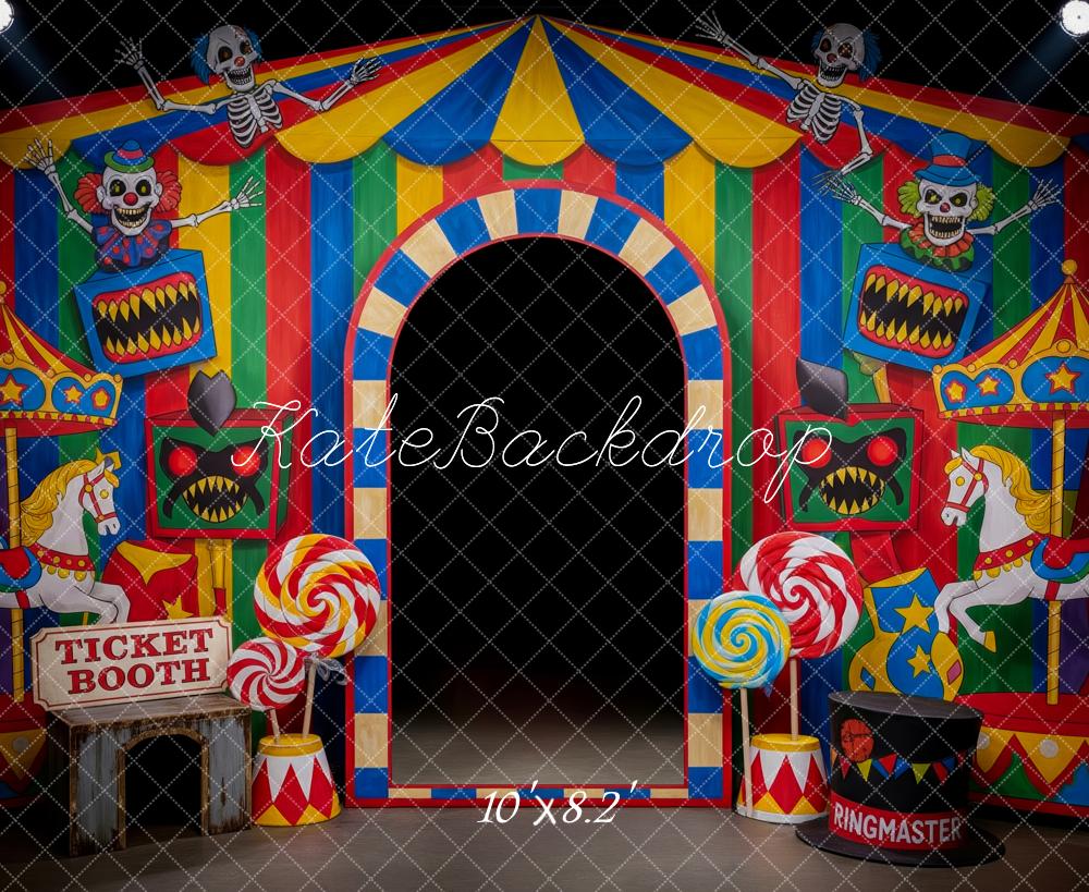 Kate Halloween Carnival Horror Circus Tent Clown Carousel Skeleton Printed Backdrop Designed by Patty Roberts