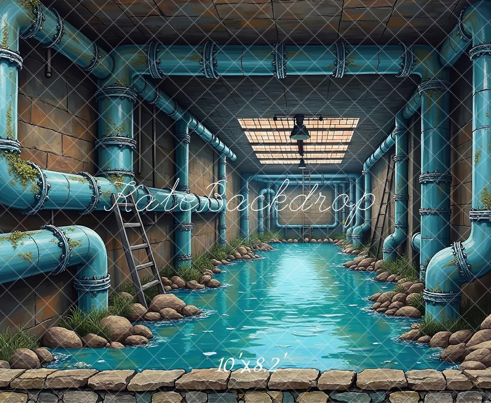 Kate Underground Water Tunnel Blue Pipes Printed Backdrop Designed by Laura Bybee