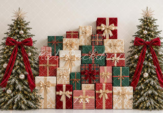 Kate Christmas Tartan Gift Boxes Trees Red Bow Printed Backdrop Designed by Emetselch