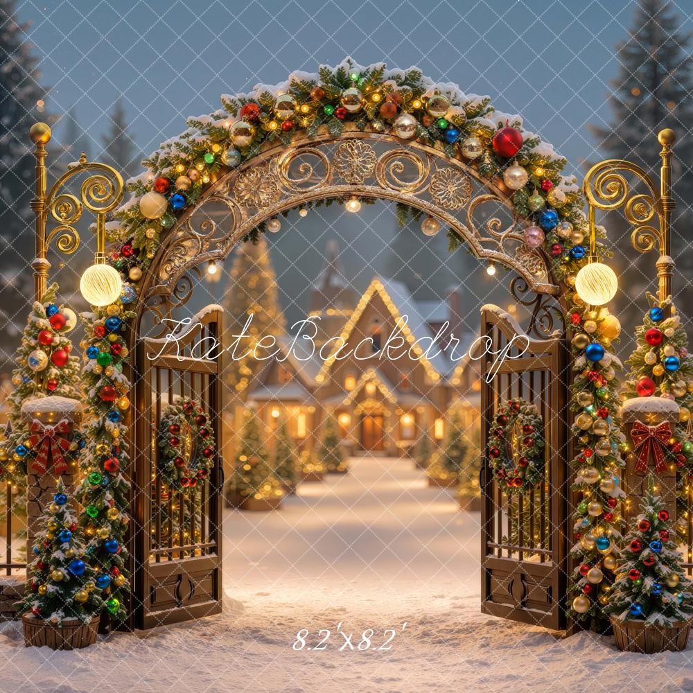 Kate Christmas Glow Colorful Village Gate Arch Snowy Ornament Printed Backdrop Designed by Mini MakeBelieve