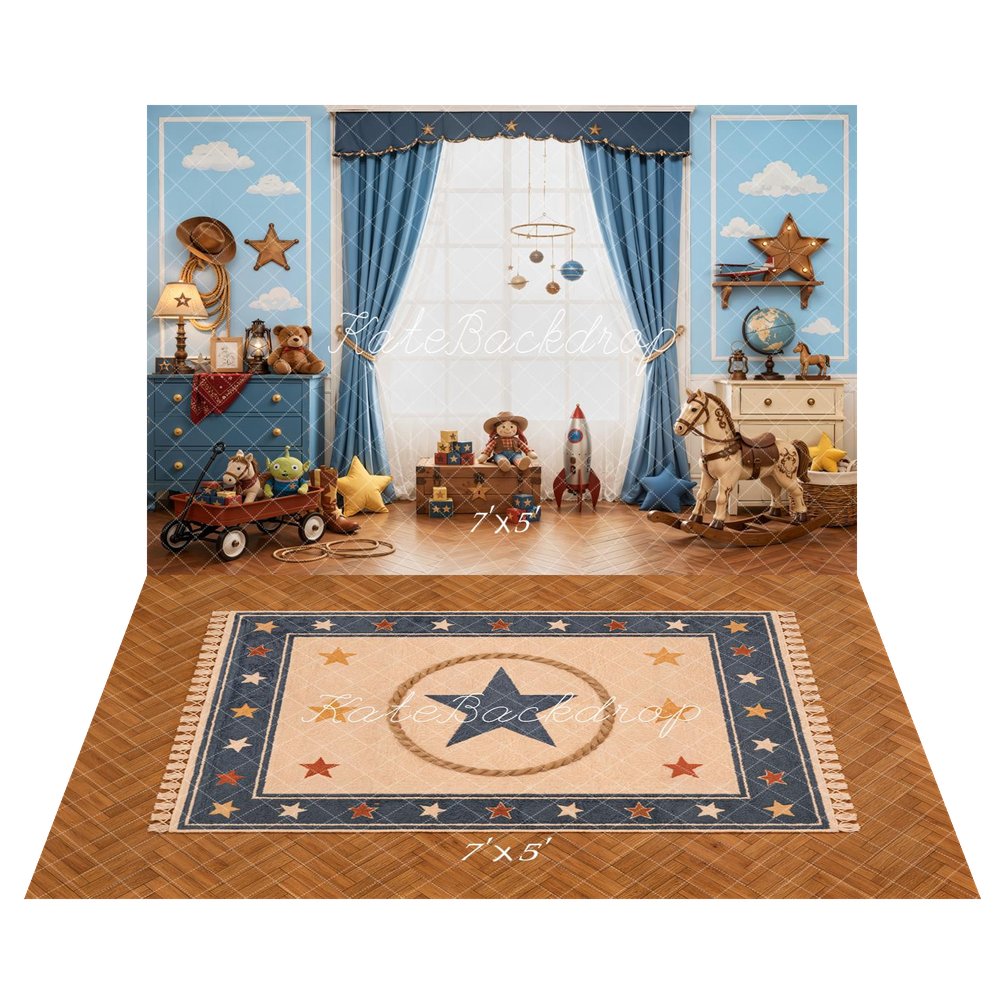 Kate Cowboy Kids Room Blue Curtains Rocket Toy Horse Stars Clouds Printed Backdrop+Star Rug Rope Woven Floor Printed Backdrop